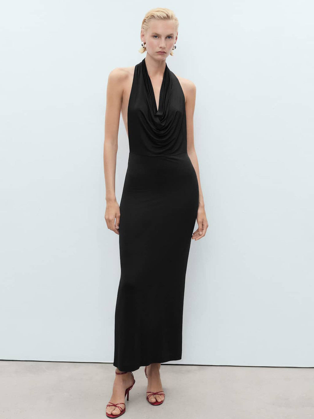 MANGO Halter Neck Draped Backless Maxi Dress with Slit