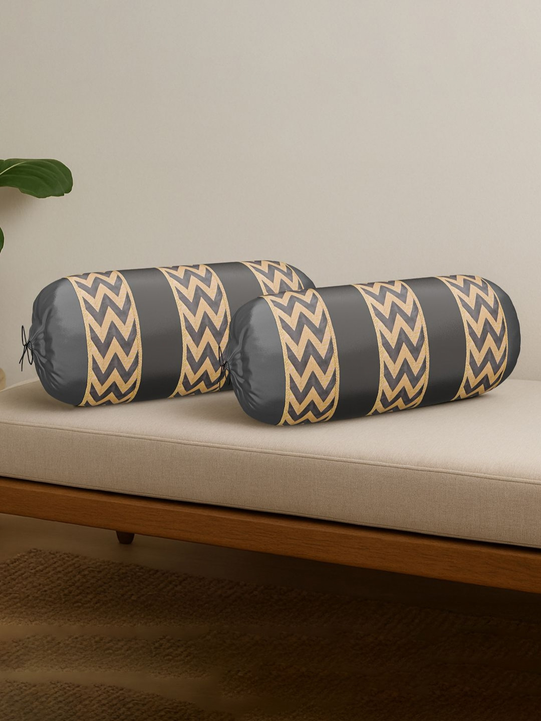 Myntra Elegant Homes 2Pcs Grey & Beige-Colored Striped Breathable Bolster Covers