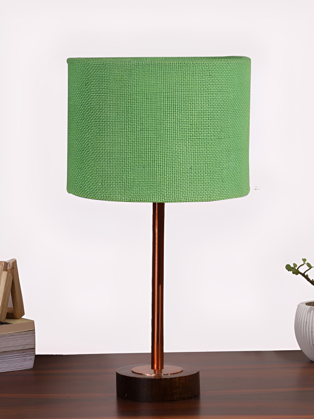 Aura Green & Copper Toned Traditional Cylindrical Shaped Jute Shade Wooden Table Lamp