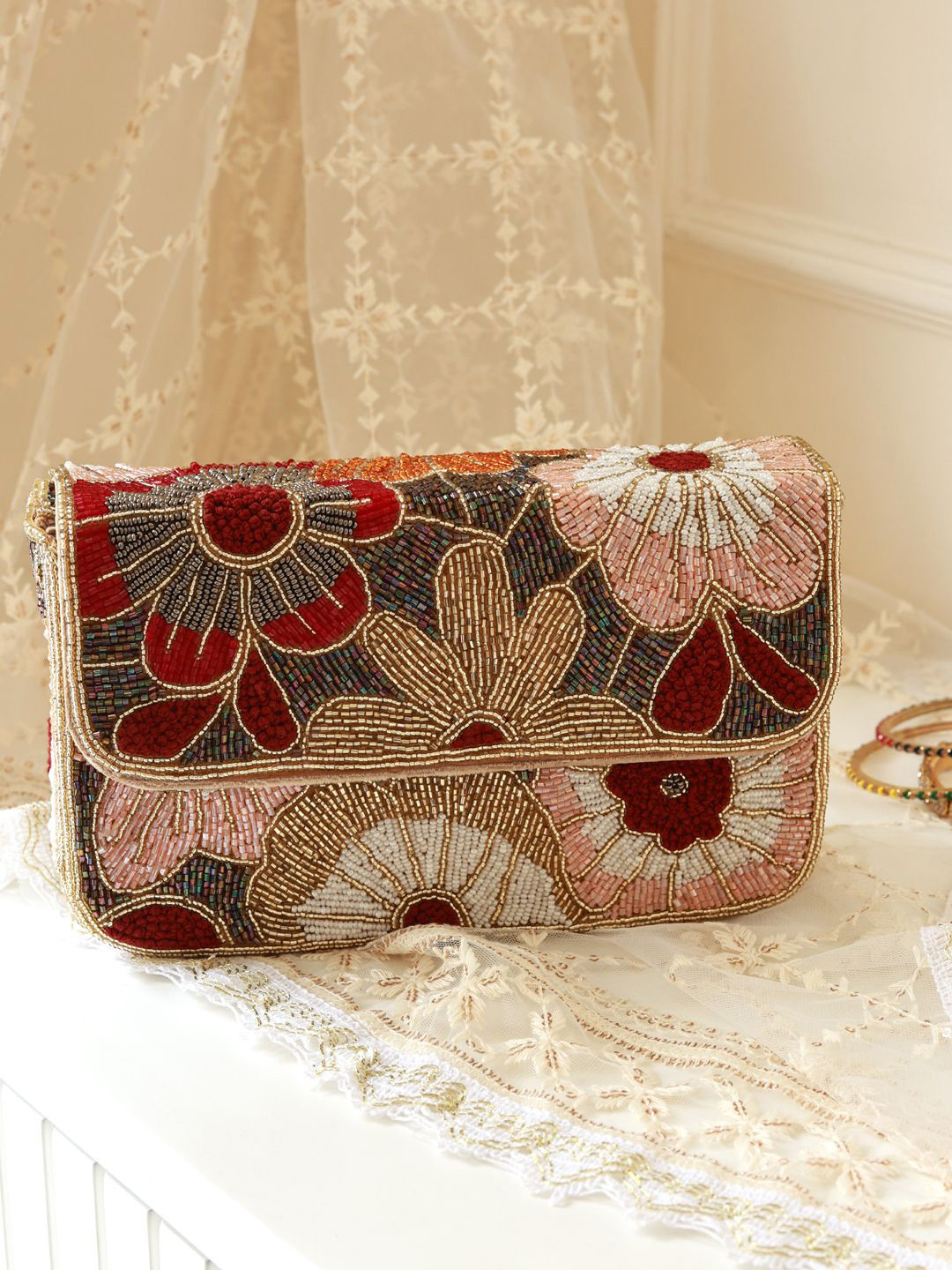 THE TAN CLAN Floral Embroidered Suede Purse Clutch