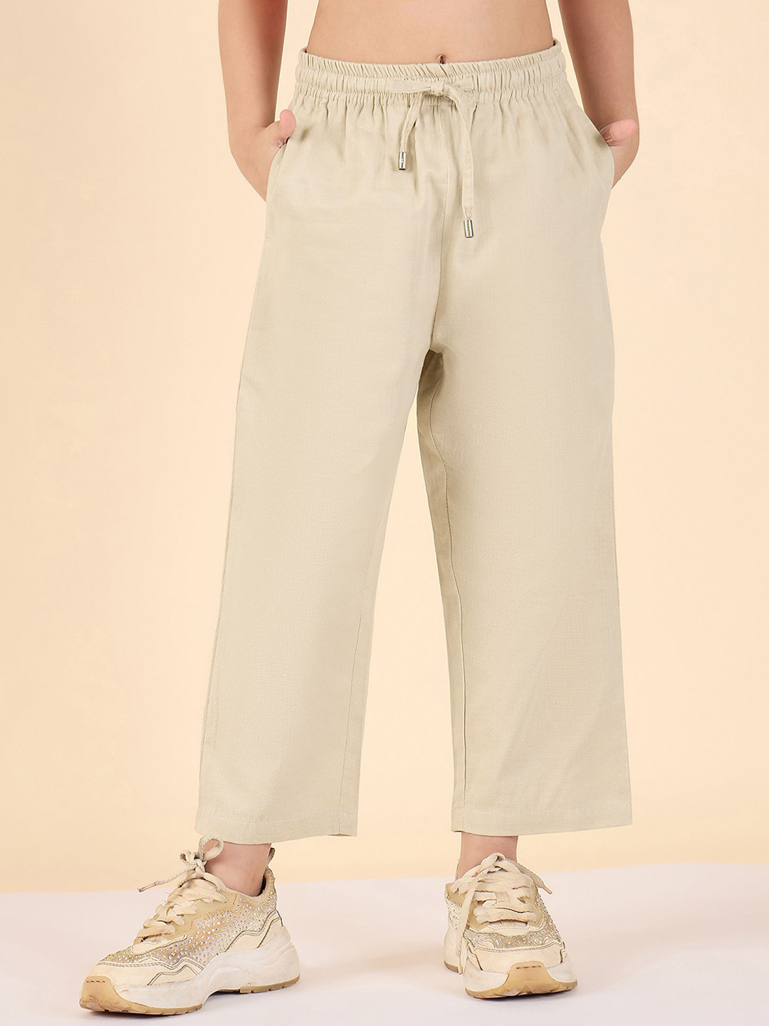 Stylo Bug Girls Straight Fit High-Rise Pure Cotton Trousers