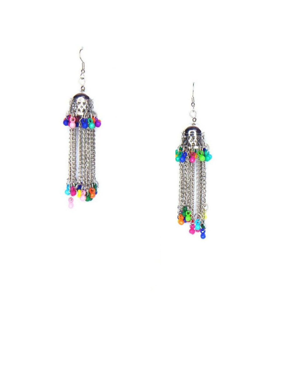 ZURIKRISHA 925 Sterling Silver-Plated Artificial Beads Beaded Tasseled Dome Shaped Jhumkas