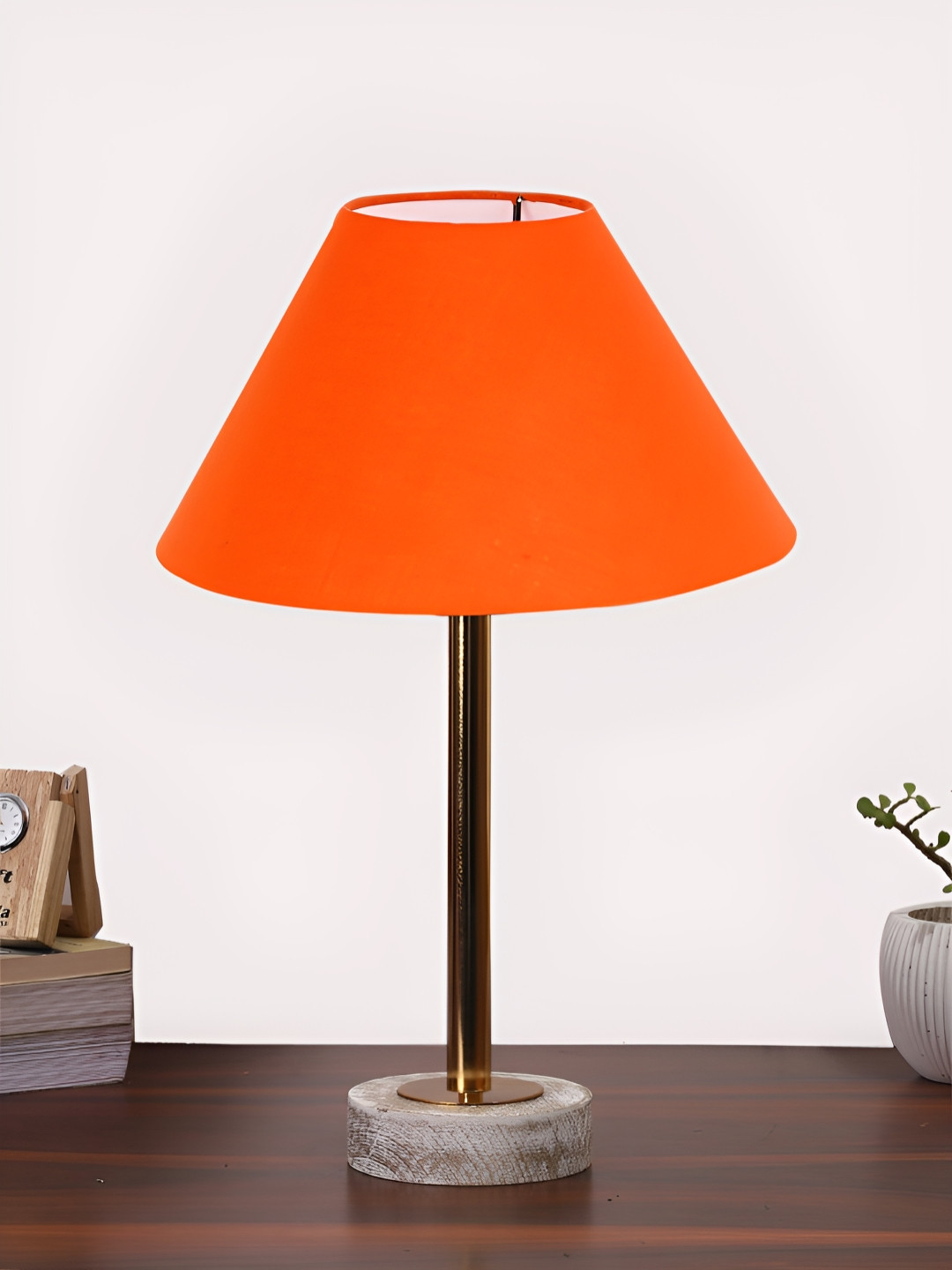 Aura Orange & Copper Toned Traditional Frustum Shaped Cotton Shade Wooden Table Lamp