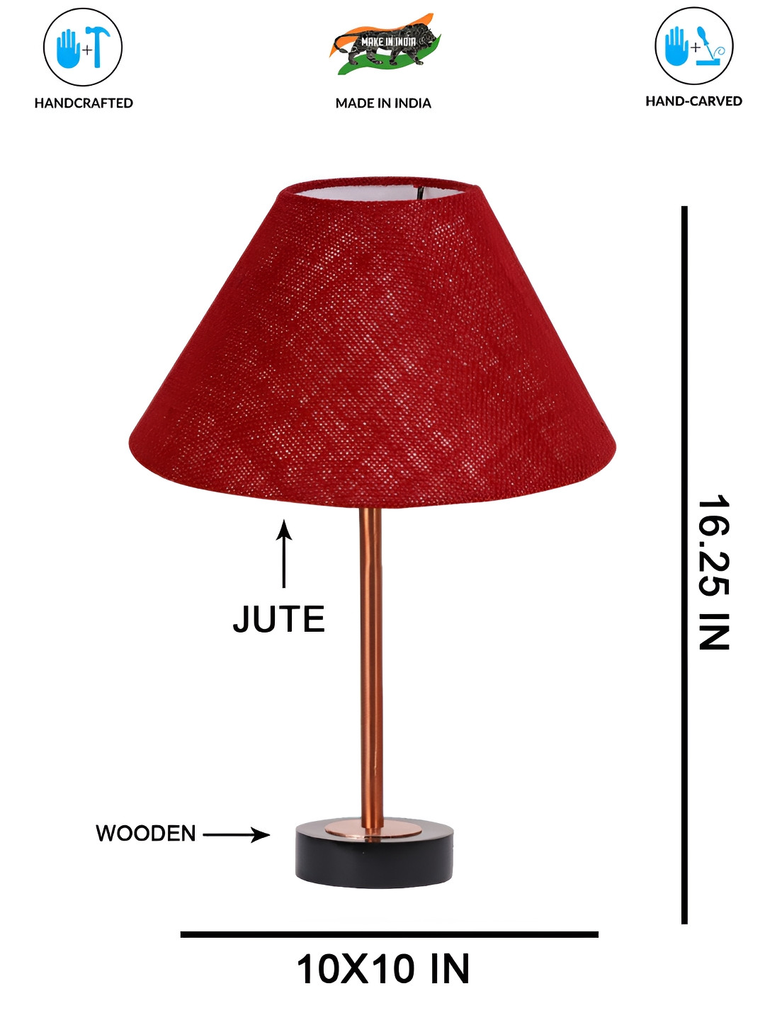Aura Maroon & Copper Toned Cylindrical Shaped Jute Shade Wooden Table Lamp