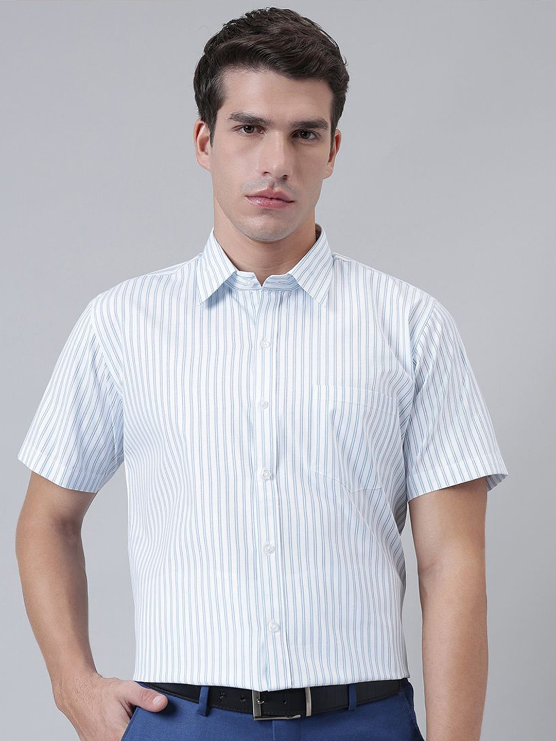 ACCOX Comfort Vertical Striped Short Sleeves Cotton Formal Shirt