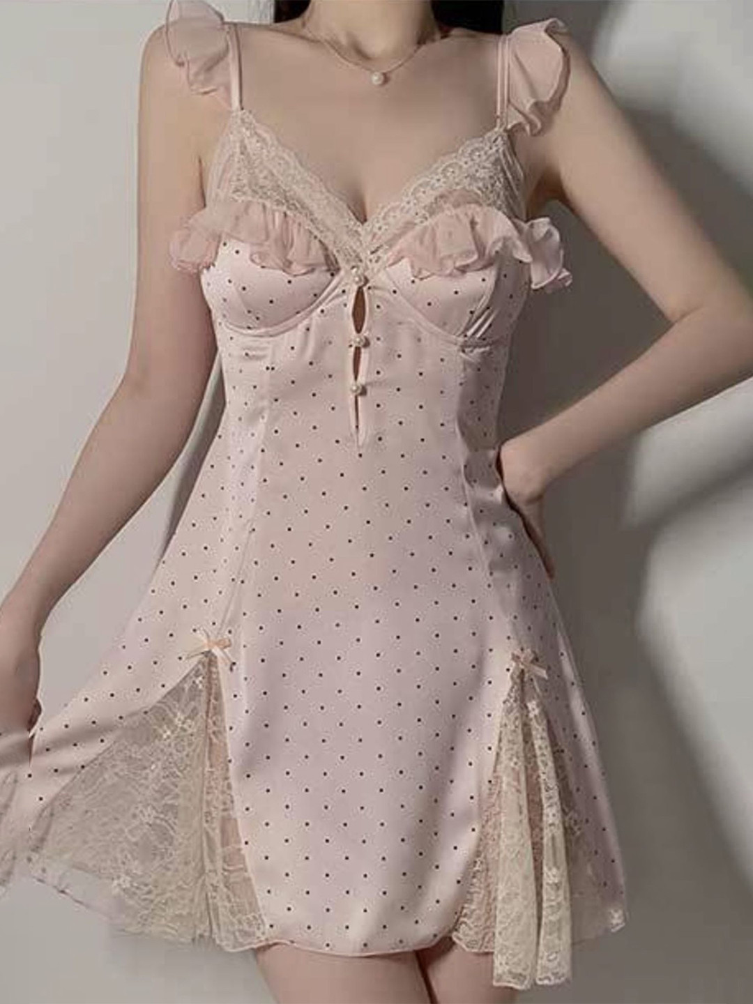 LULU & SKY Polka Dot Pattern Lace Detail Baby Doll