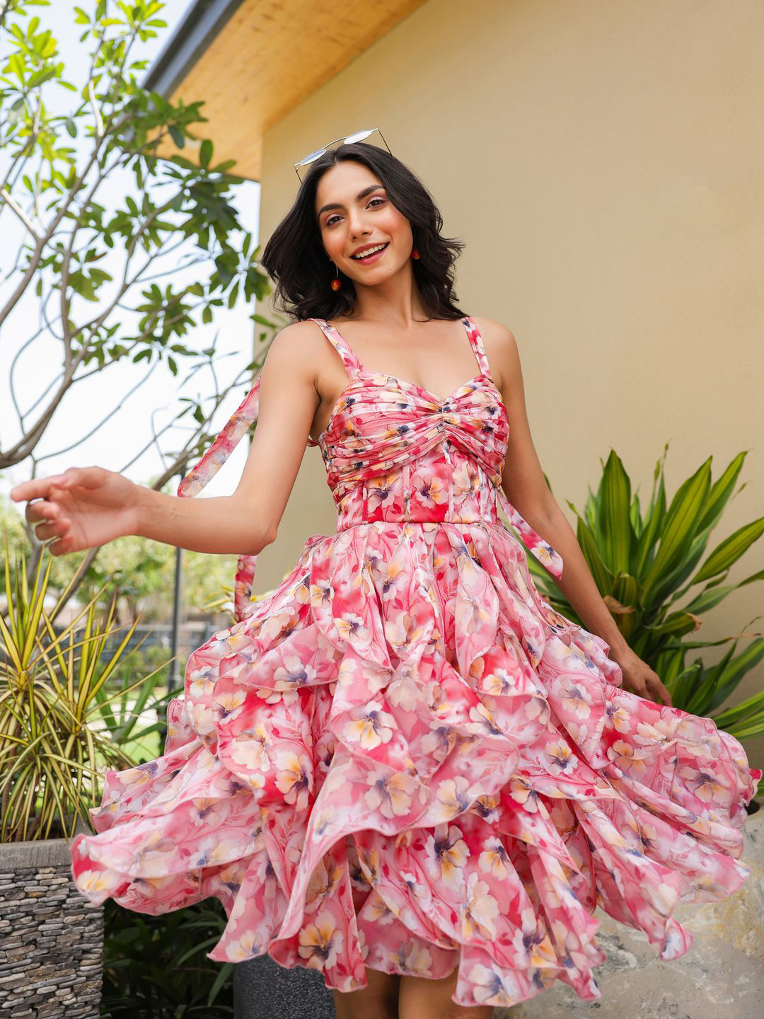 B'Infinite Sunkissed Red Hibiscus Floral Printed Ruffle Tier Dress