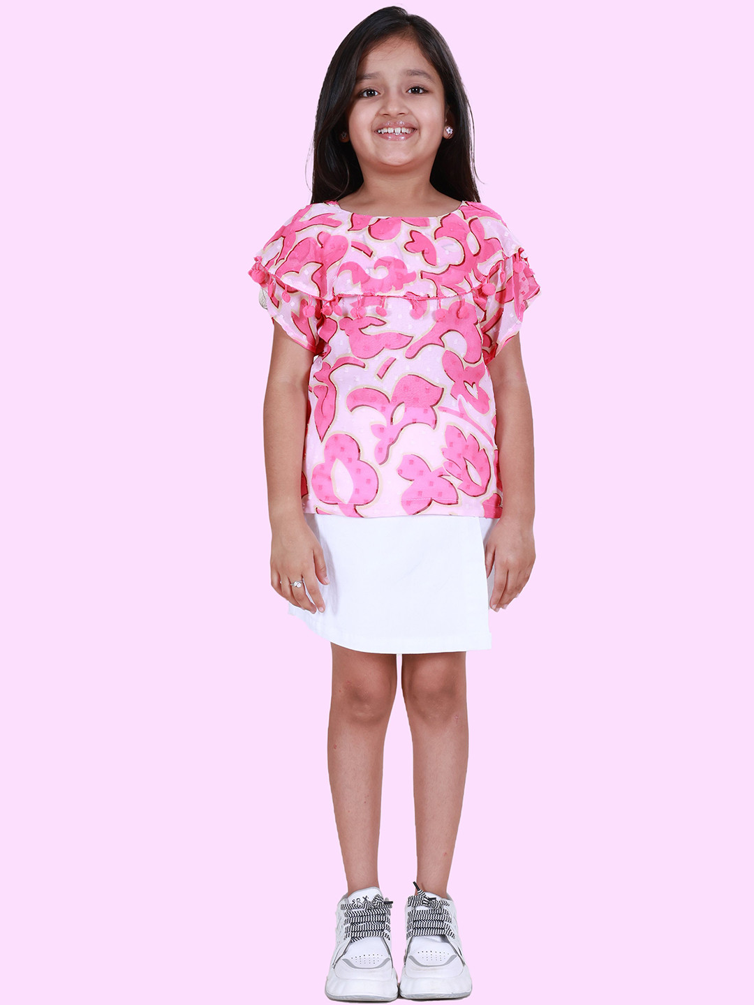 KiddoPanti Girls Printed Round Neck Ruffle Top With Skorts