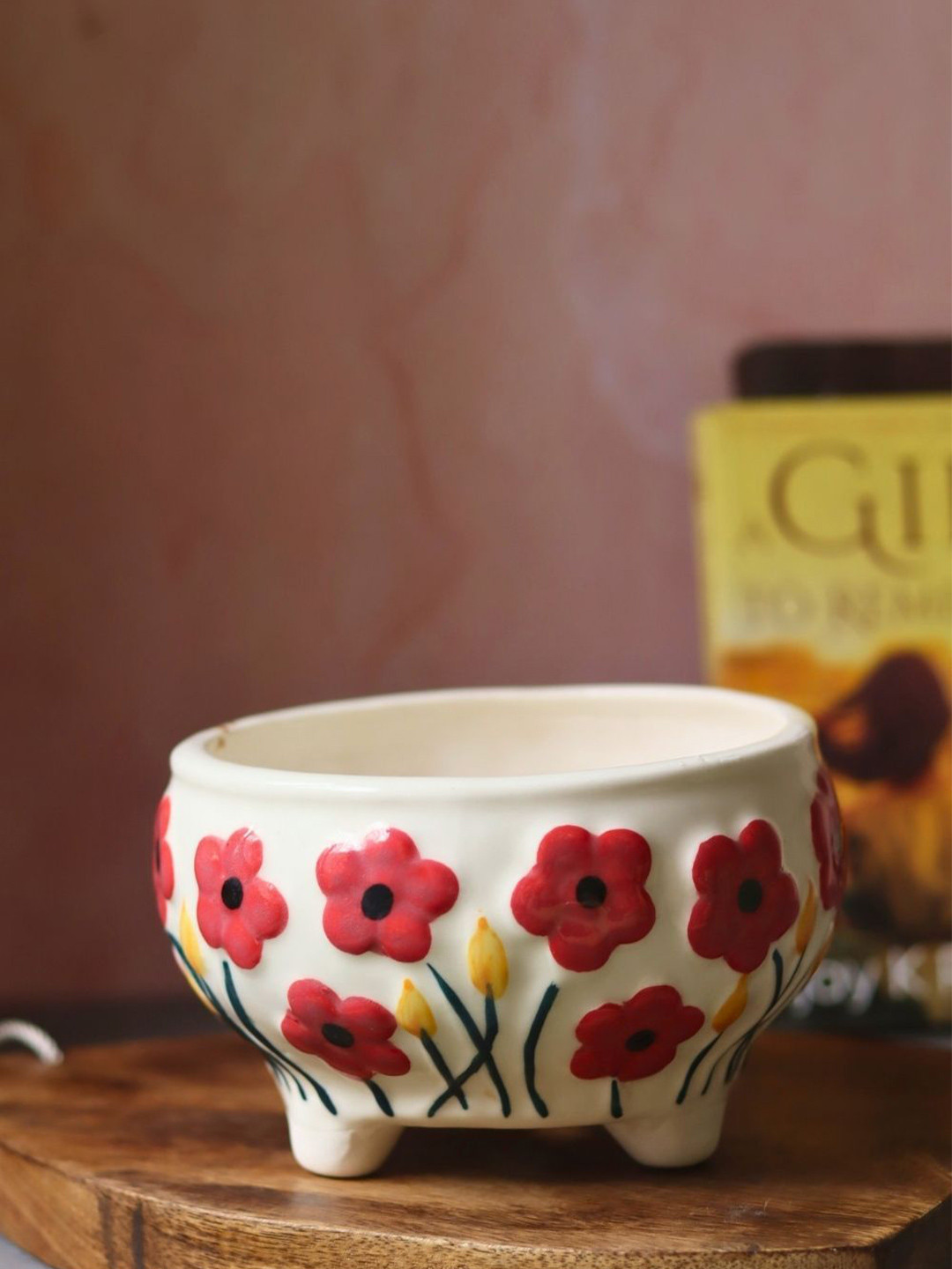 WEAVING HOMES White & Red Ceramic Poppy Fields Planter