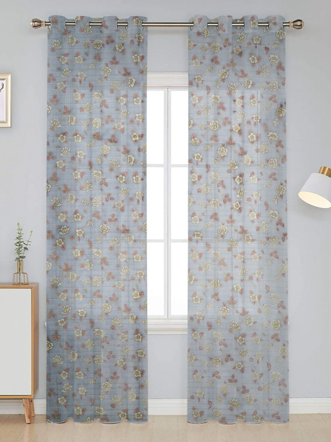 B' Decorlish Grey & Pink 2 Pieces Floral Printed Tissue Sheer Long Door Curtains