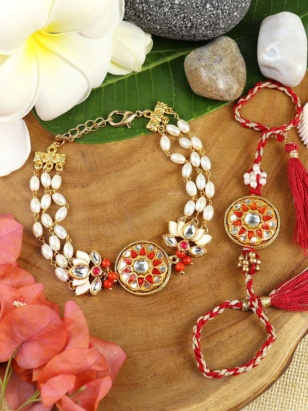 Asthetika Kundan Meena Bracelet Rakhi Pair in Happy Raksha Bandhan Box with Roli Chawal