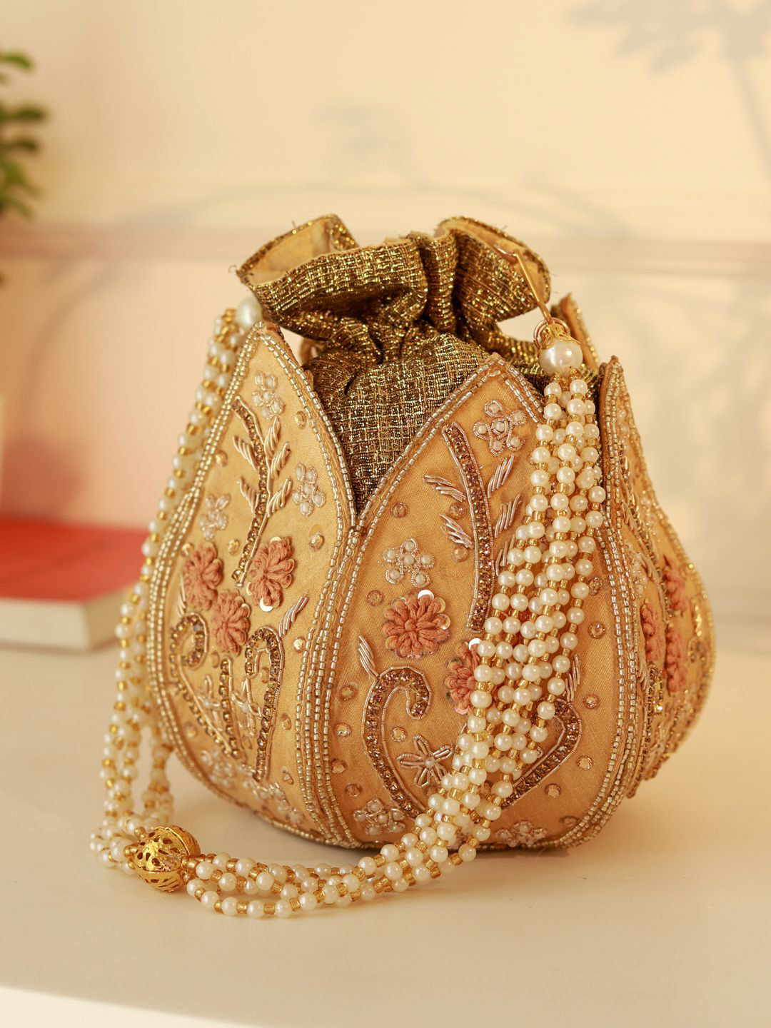 THE TAN CLAN Embroidered Wrist Loop Lotus Potli Clutch