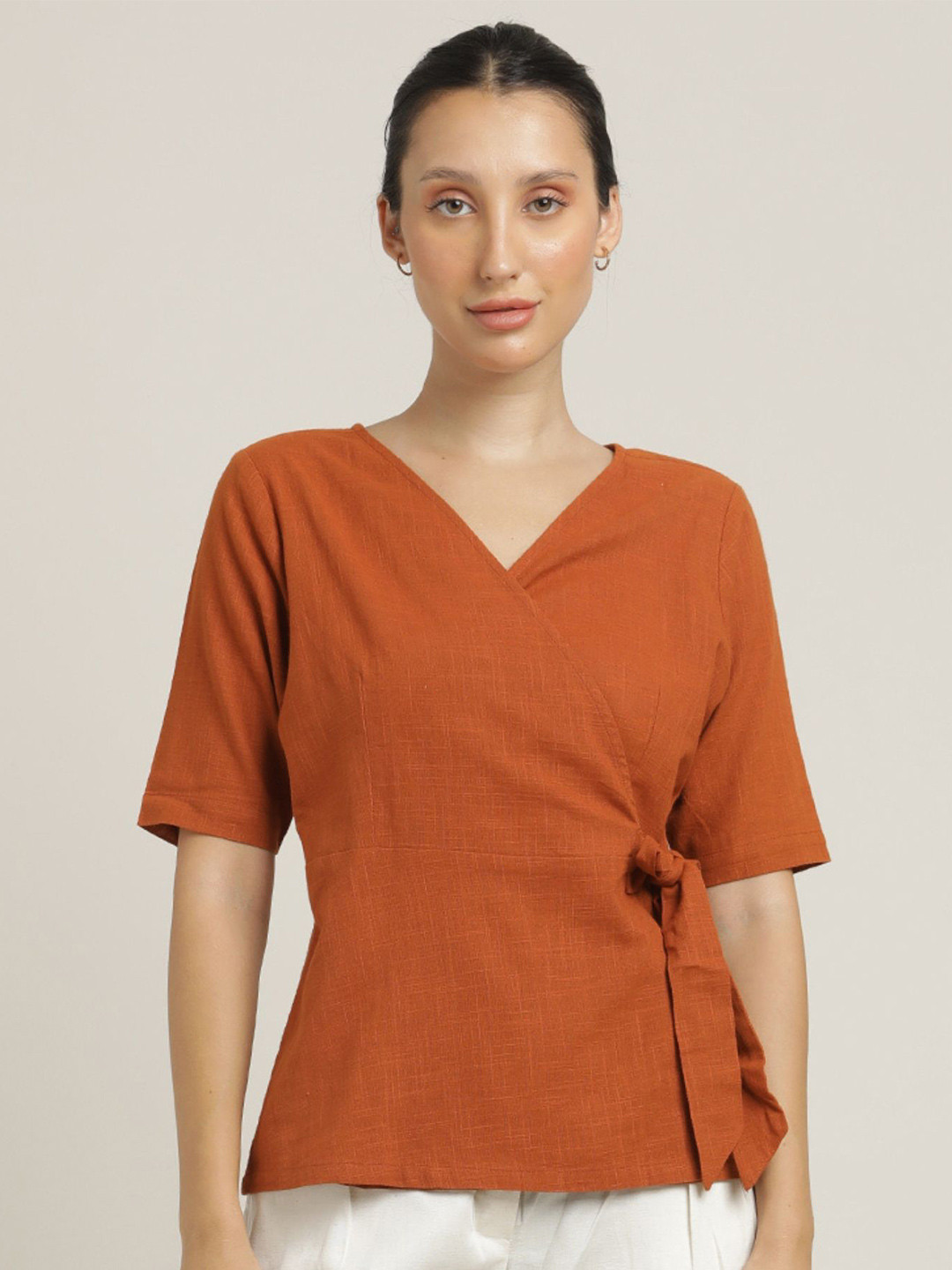 Saltpetre Women Orange V-neck Wrap top