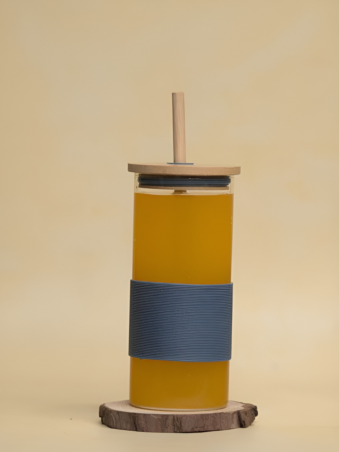 Lifelong Transparent & Blue Single Glass Tumbler With Silicone Sleeve Bamboo Lid