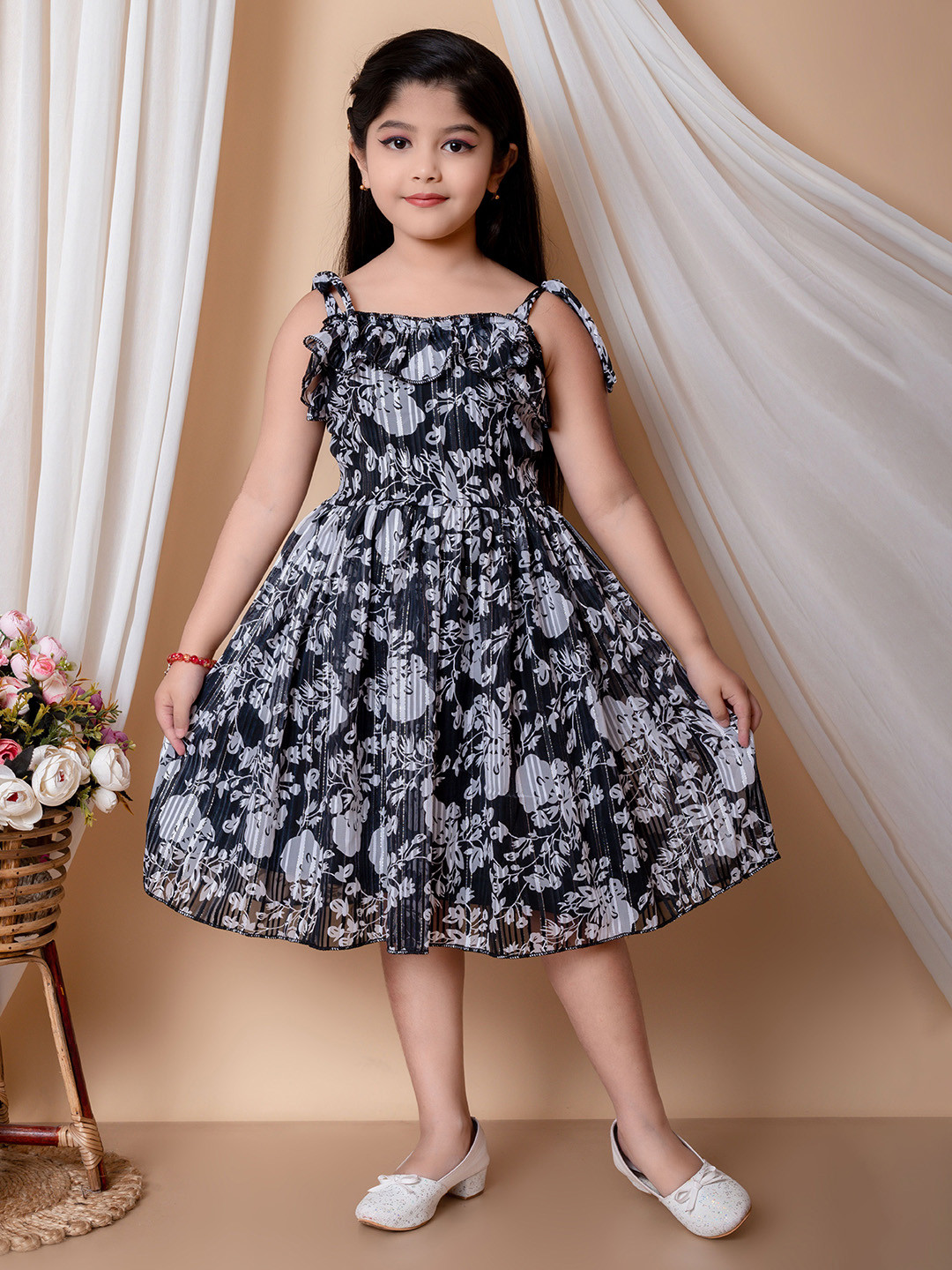 SPAMitude Girl's Floral Printed Shoulder Straps Fit & Flare Midi Dress