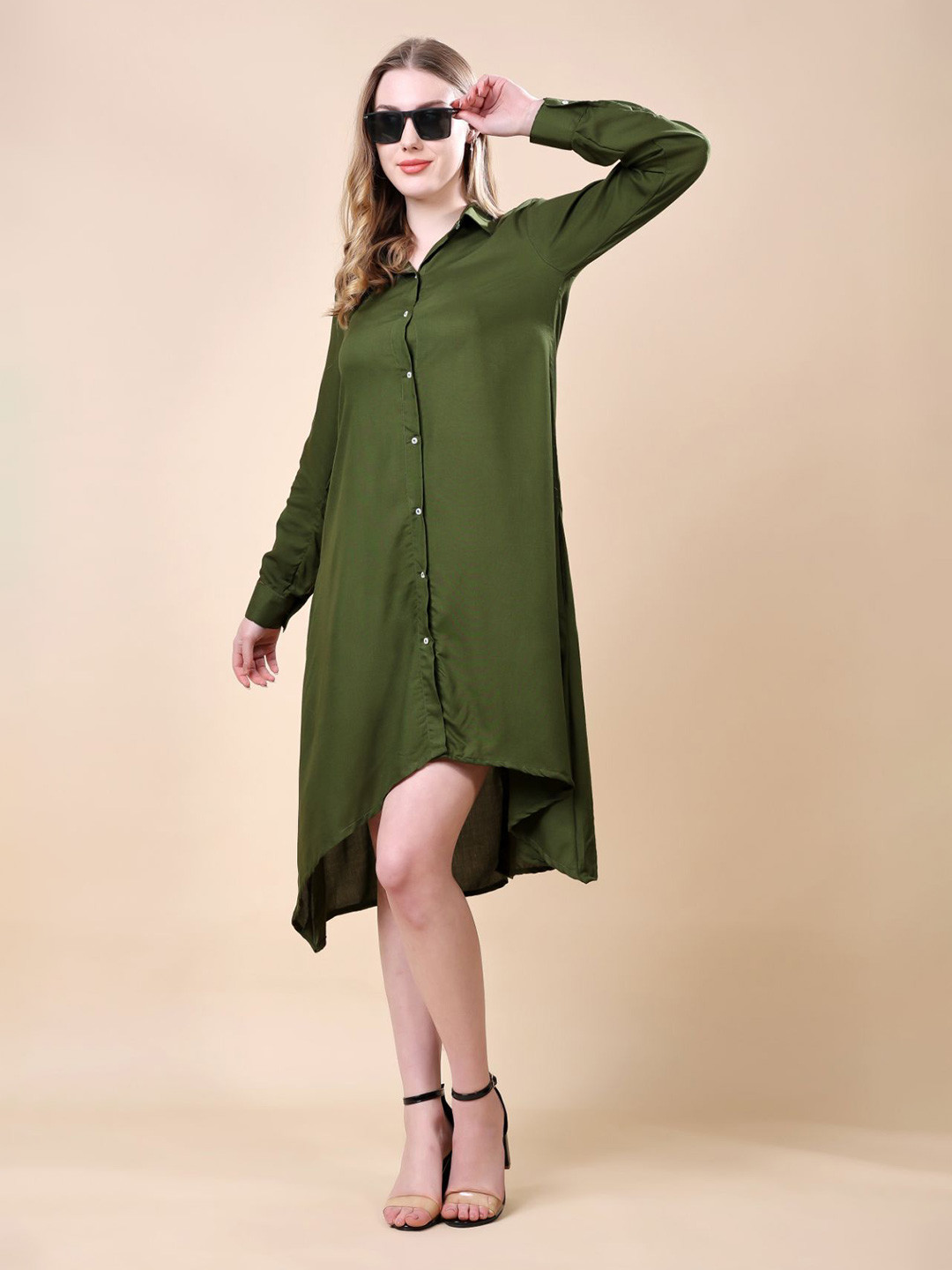 MODA-Q Women Solid Green Shirt Collar Asymmetric Hem Shirt Midi Dress