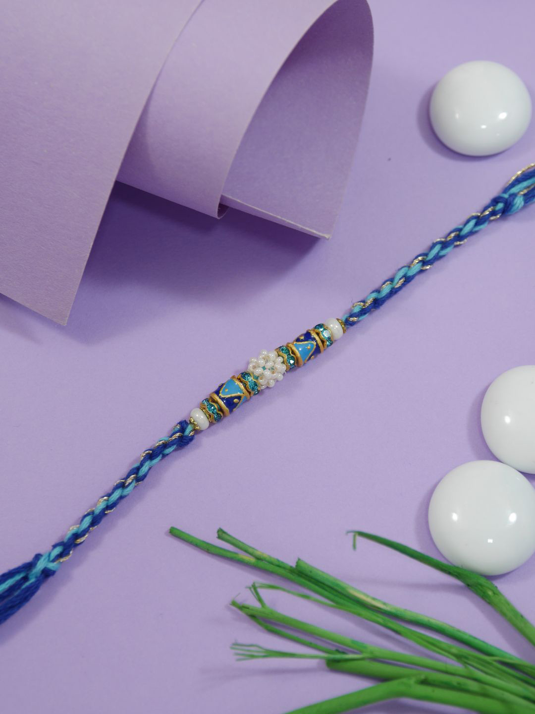 I Jewels Blue & White Rakhi with Greeting Card & Roli Chawal