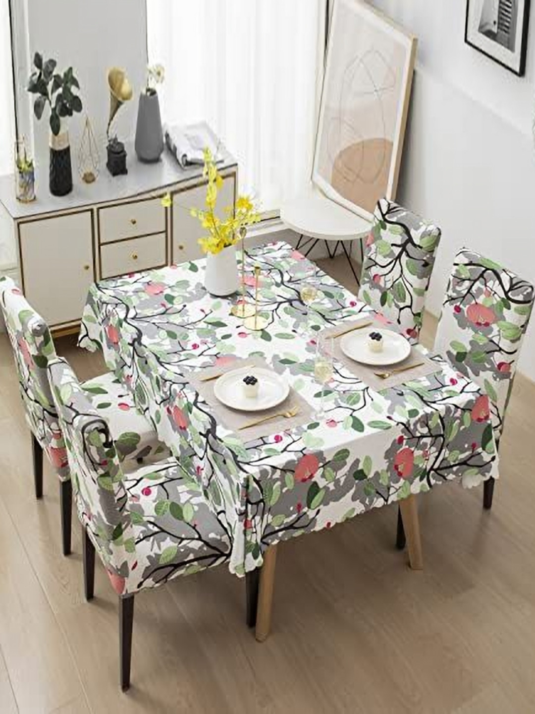 FAVRIA Set Of 5 Green & white Printed Waterproof Table Cover With Chair Covers