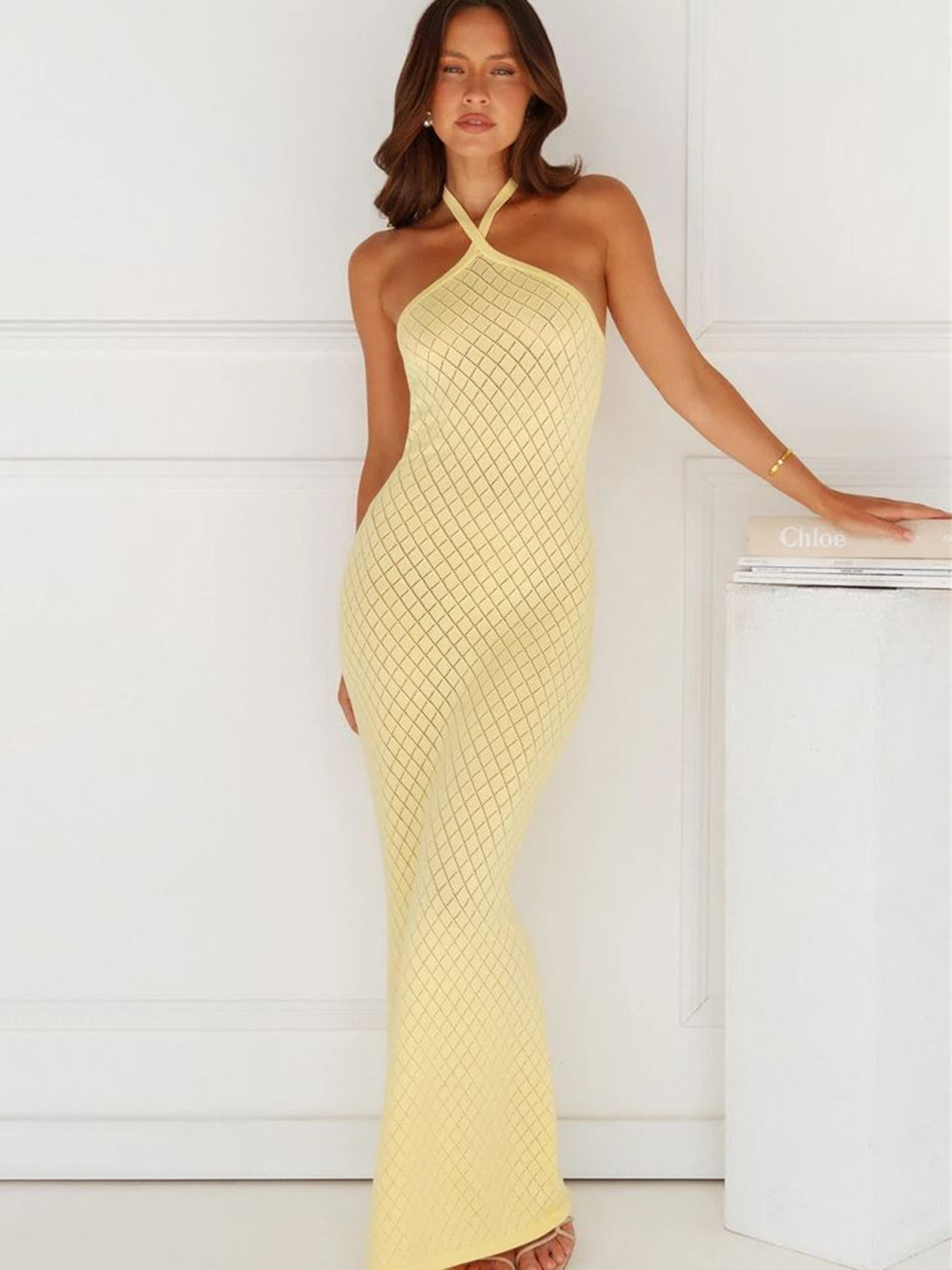 LULU & SKY Yellow Geometric Checked Halter Neck Maxi Dress