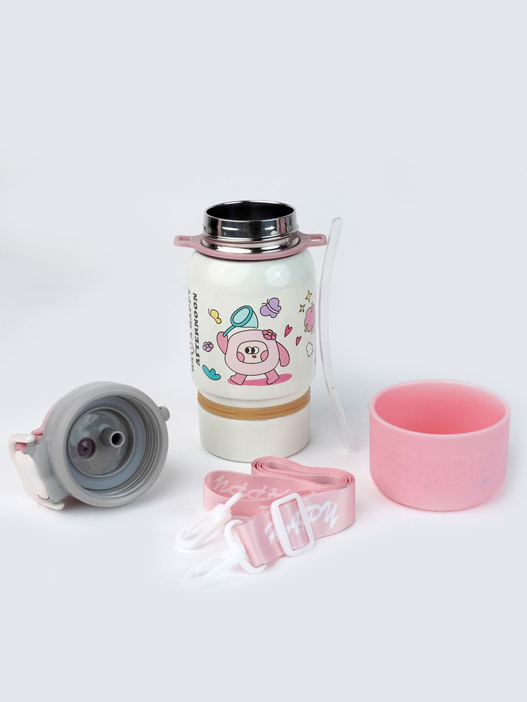 Little Surprise Box LLP Happy Cartoon Pink Printed Stainless Steel Water Bottle 500ml