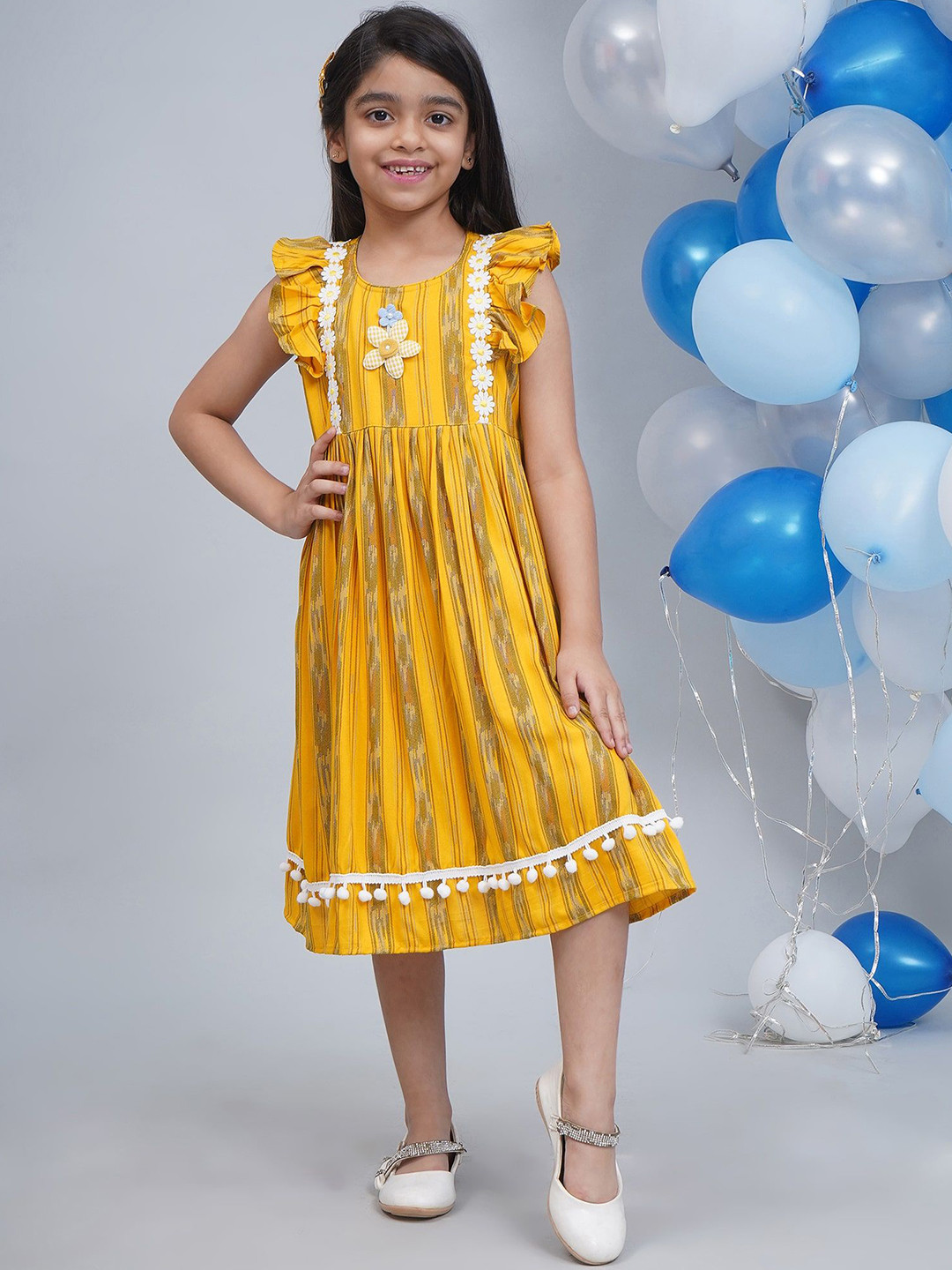 Little Bansi Girls Cotton Frill Sleeves Ikat Frock with Floral Applique & Lace Work Dress