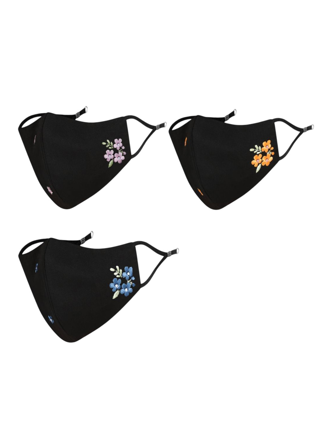 MASQ Women 3Pc Floral Embroidered Pure Cotton 4Ply Outdoor Anti-Bacterial Reusable Masks