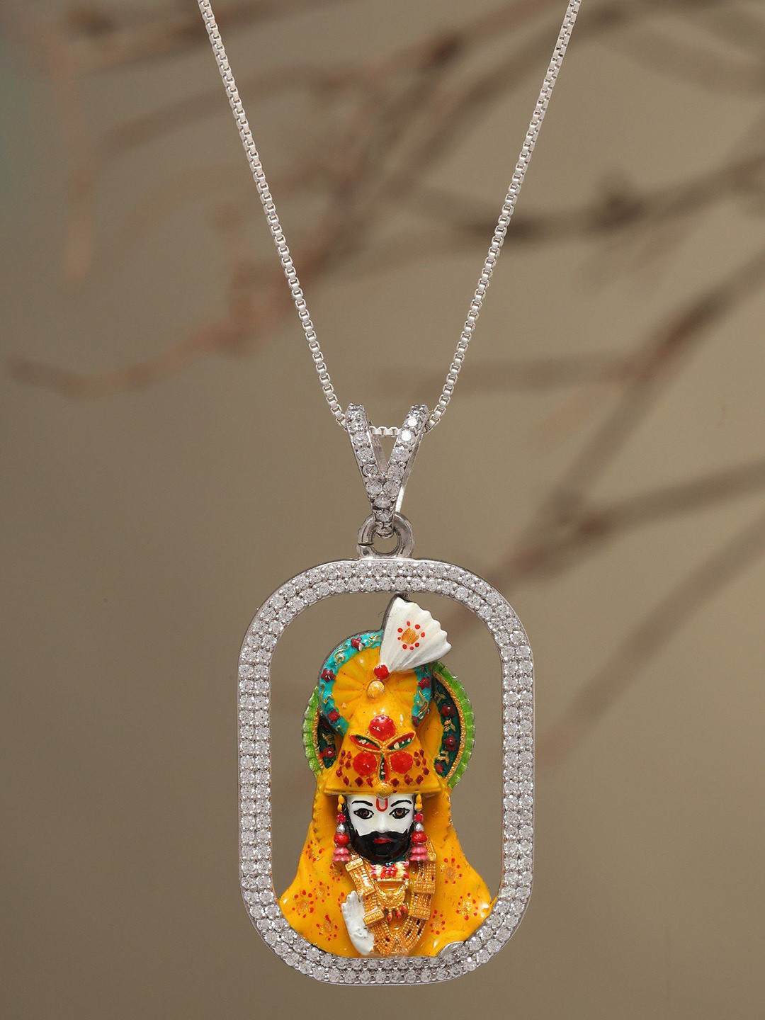 Exotic India 925 Sterling Silver Square Stones Studded Ramdev Pir Baba Enamelled Pendant