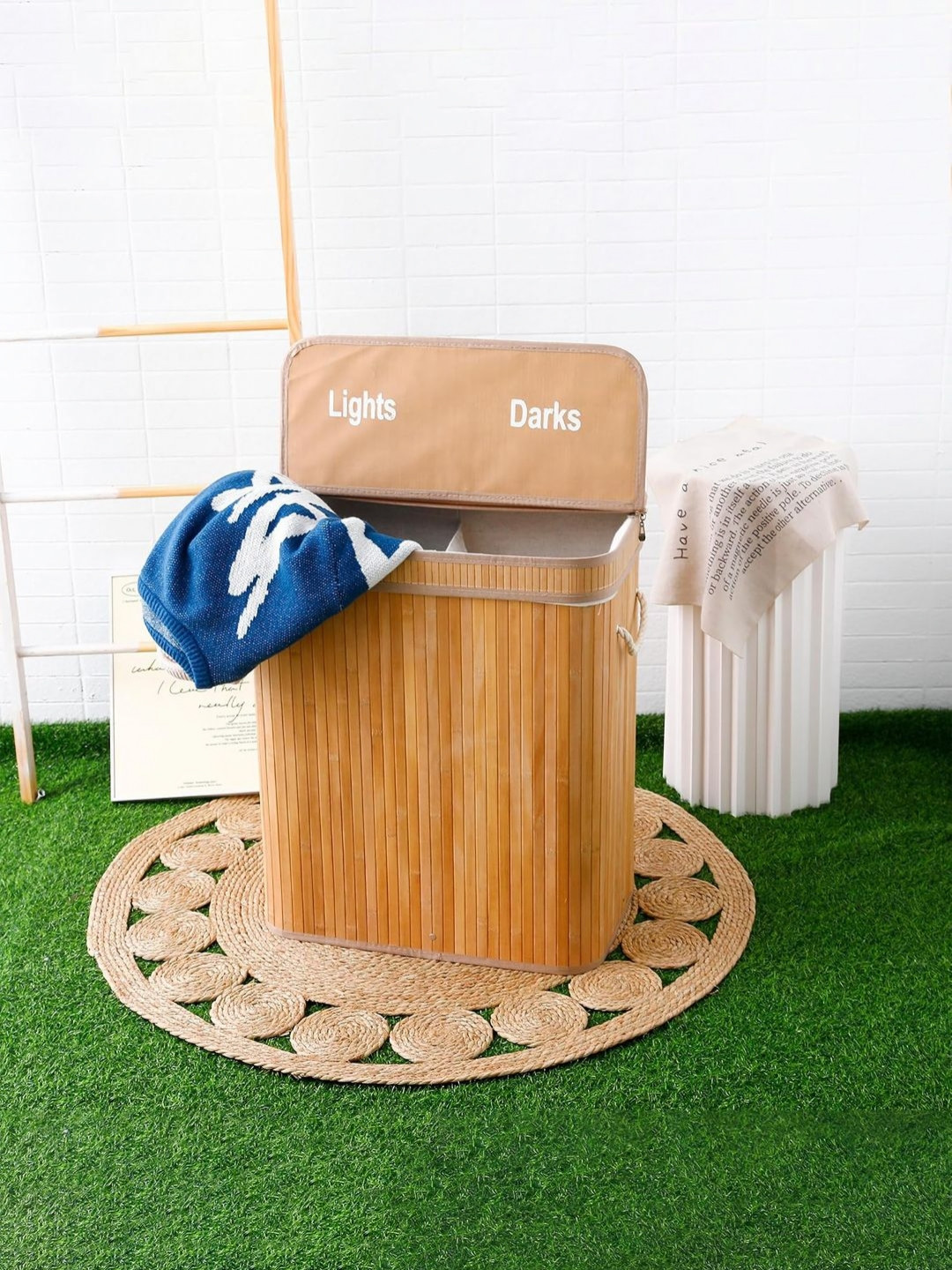 RUBOXA Brown Striped Bamboo Eco-Friendly Non-Toxic Foldable Laundry Bag With Lid