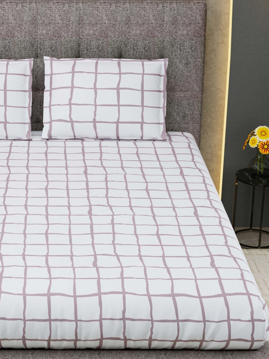 Myntra Elegant Homes White Checked 250 TC Pure Cotton King Bedsheet Set 2.5 m x 2.84 m