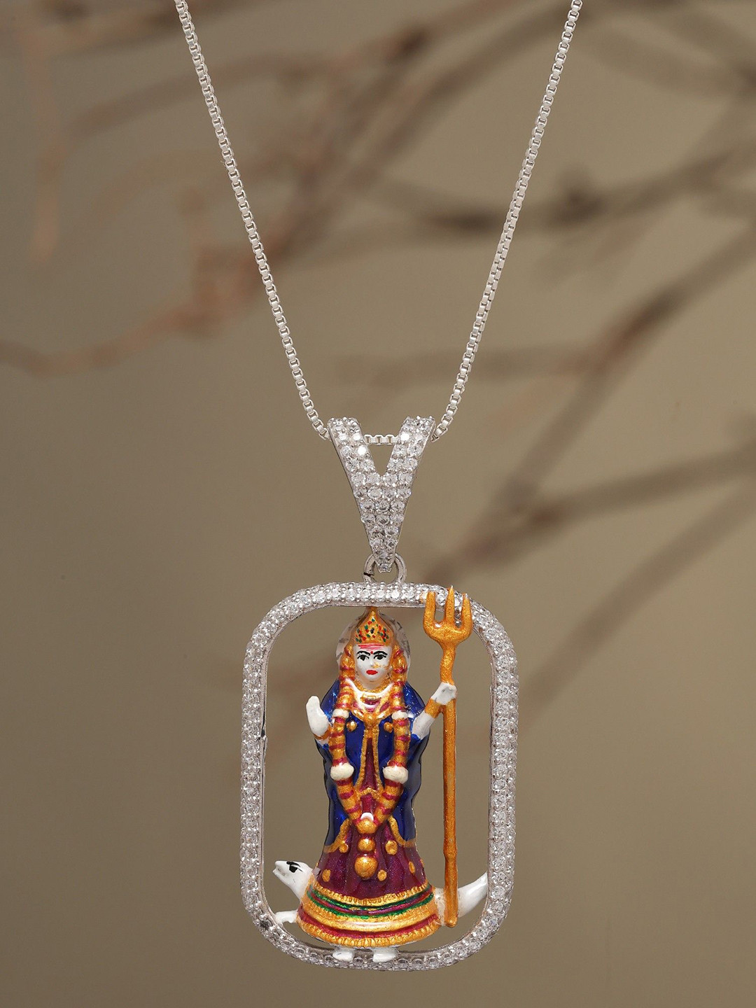 Exotic India 925 Sterling Silver Goddess Khodiyar Rectangular Shapeed Pendant with Chain