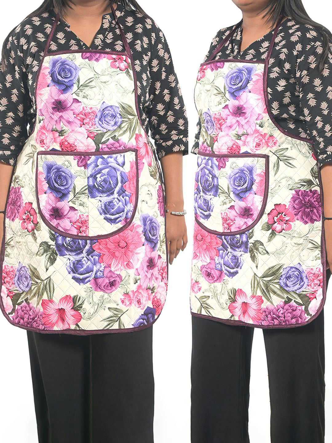 Kuber Industries 2-Pcs Pink & Cream Colored Printed Waterproof Apron With Center Pocket