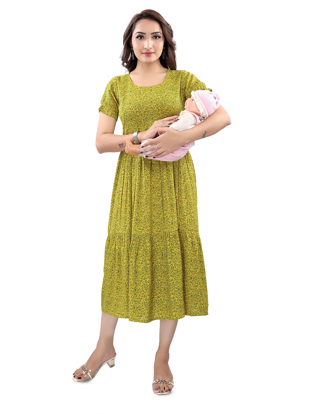 B2F Manufacturing & Designing Kurti Floral Print Maternity Tiered Fit & Flare Midi Dress