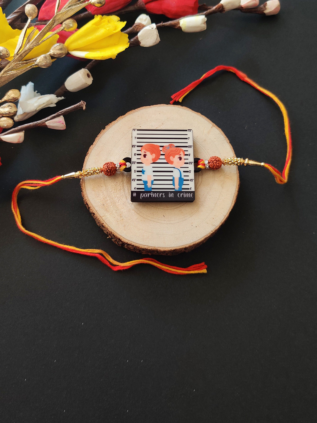 Bhai Please Partners In Crime Rudraksha Beaded Wooden Thread Rakhi