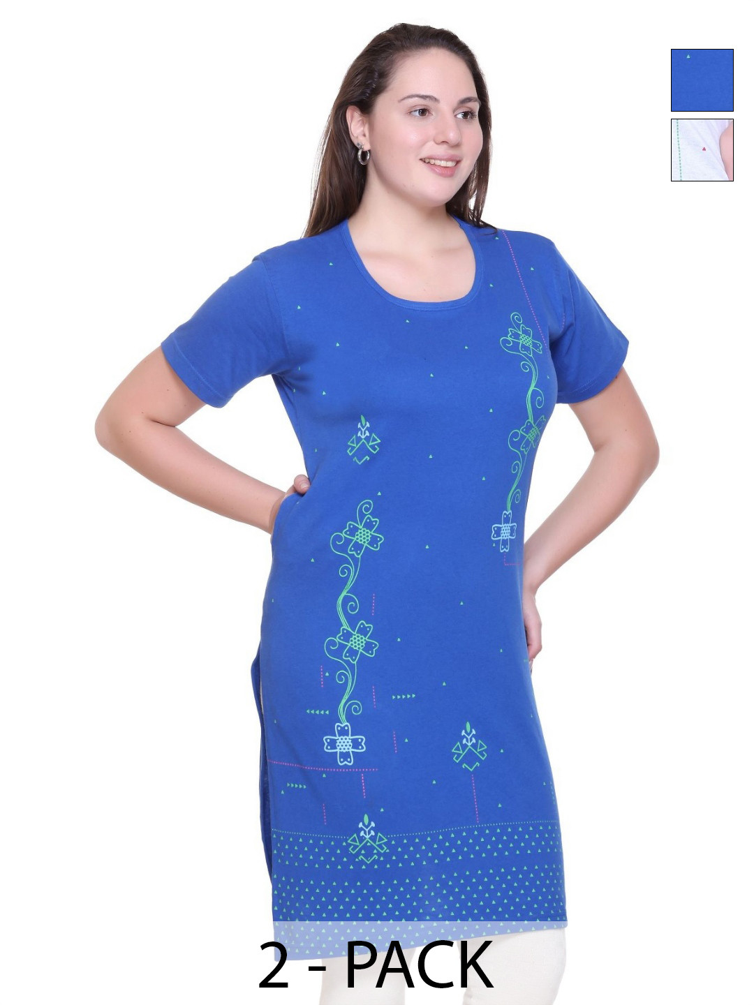 FIRST SLEEP Floral Printed Pack Of 2 Pure Cotton Pockets Oversized Long T-Shirts