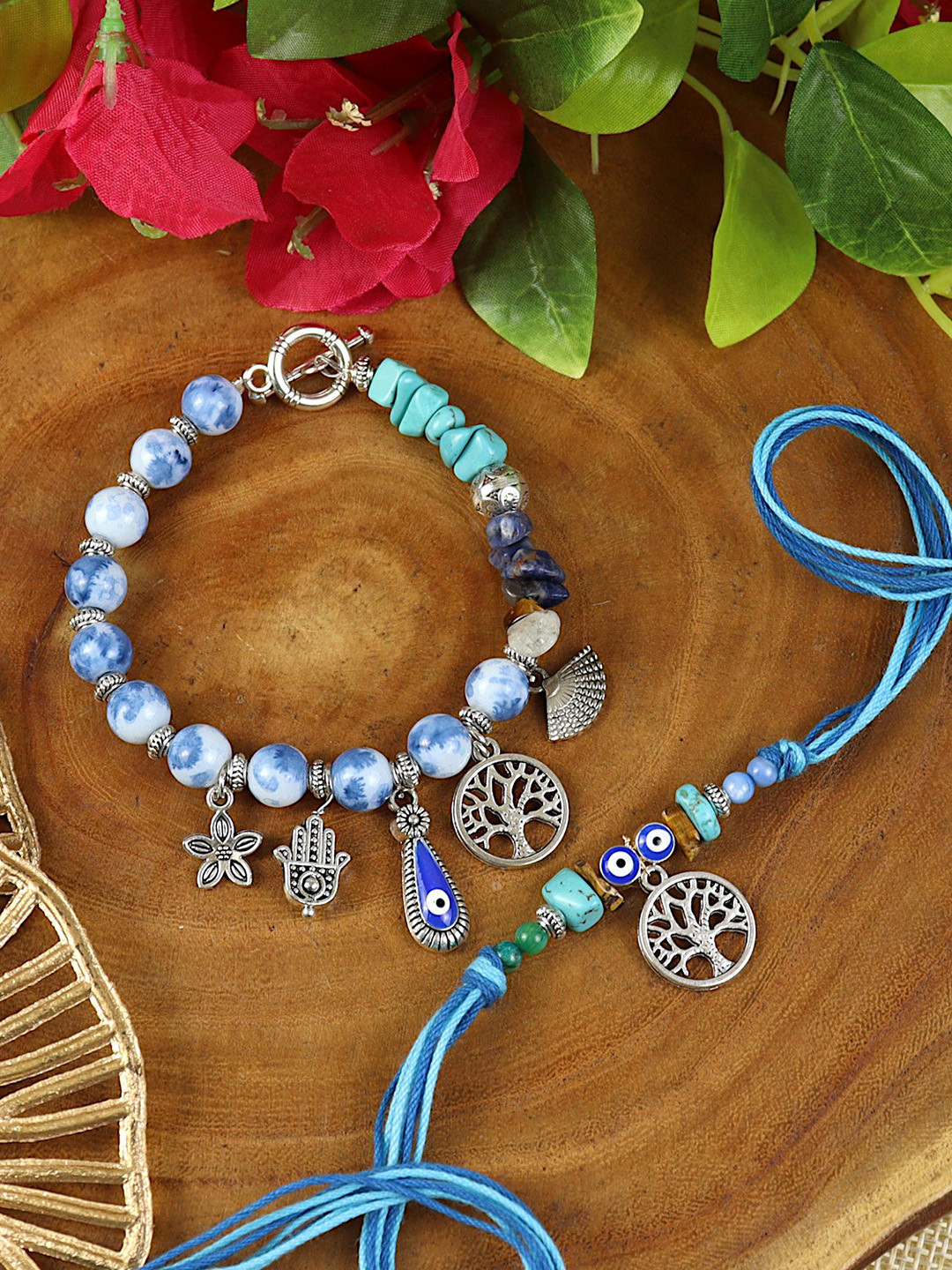 Asthetika Evil Eye Tree of Life Bracelet Rakhi Pair with Roli Chawal