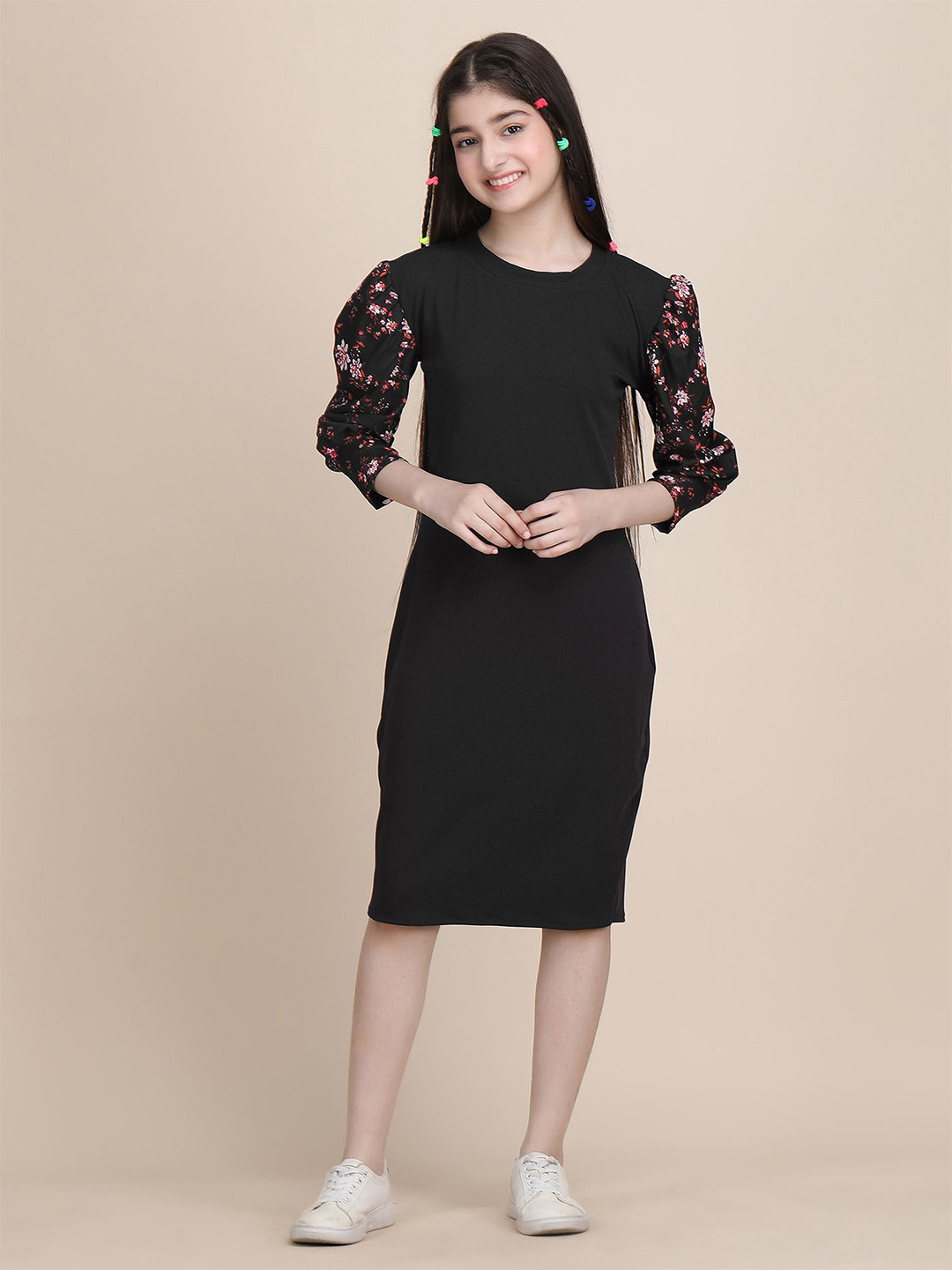 STARWORD Grls Printed Puff Sleeves Fit and Flare Dress