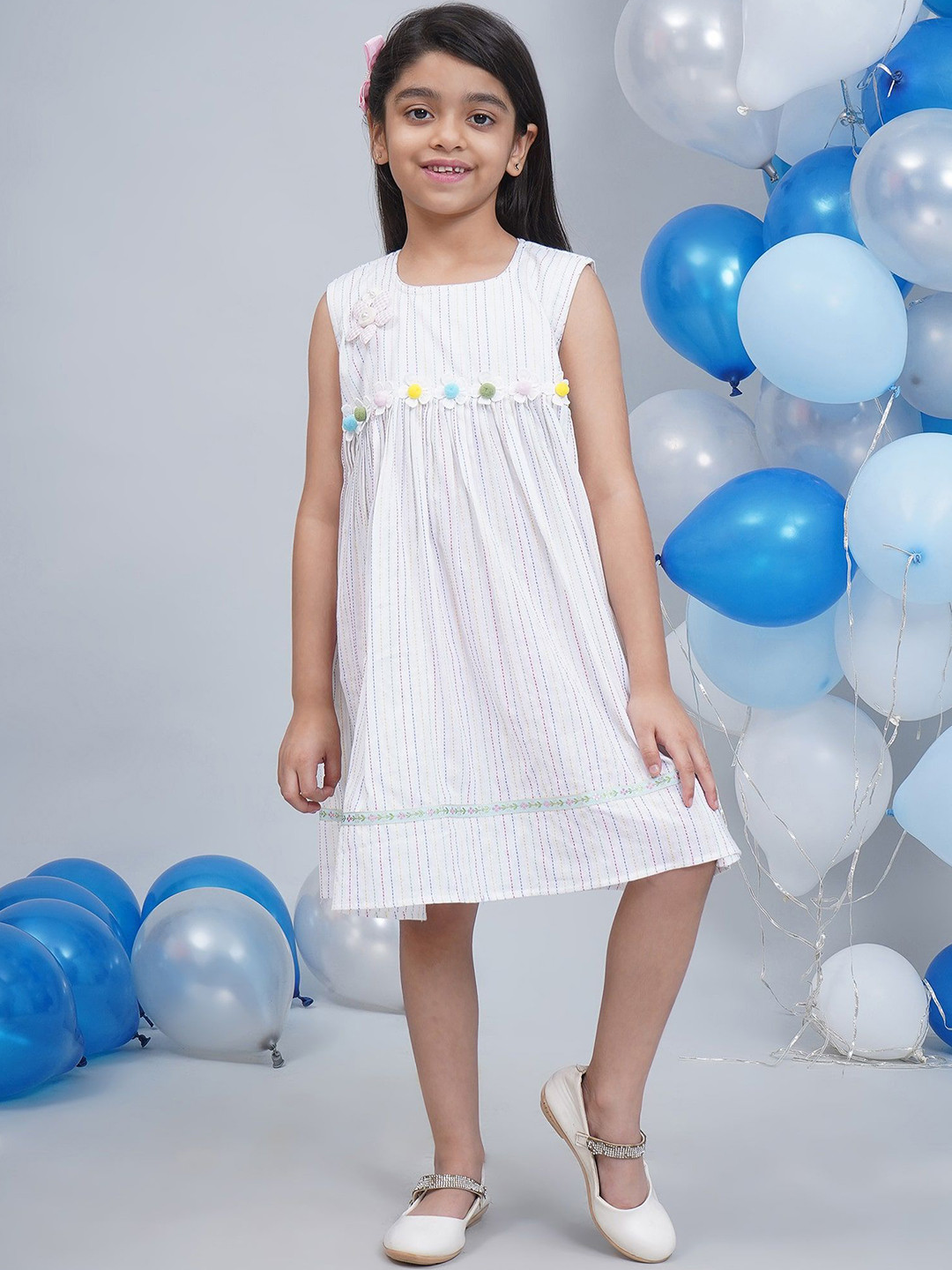 Little Bansi Girls Cotton Sleeveless Thread work Frock with Floral Applique work