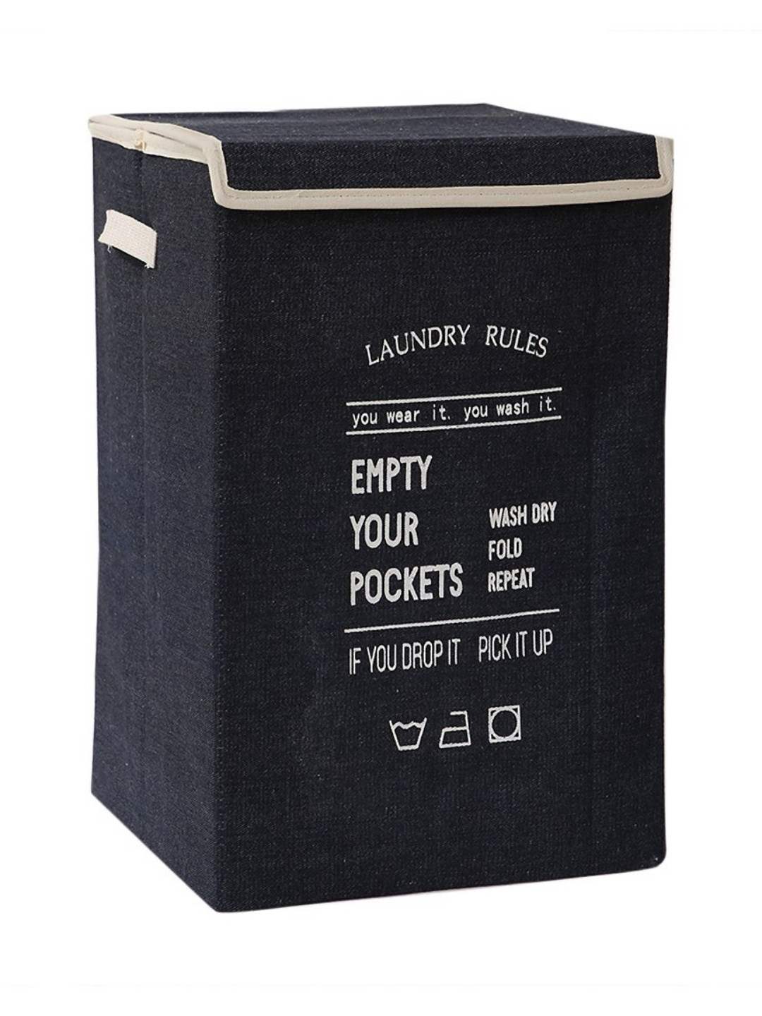 HOKIPO Navy Blue & White Printed Foldable Laundry Basket For Clothes With Lid