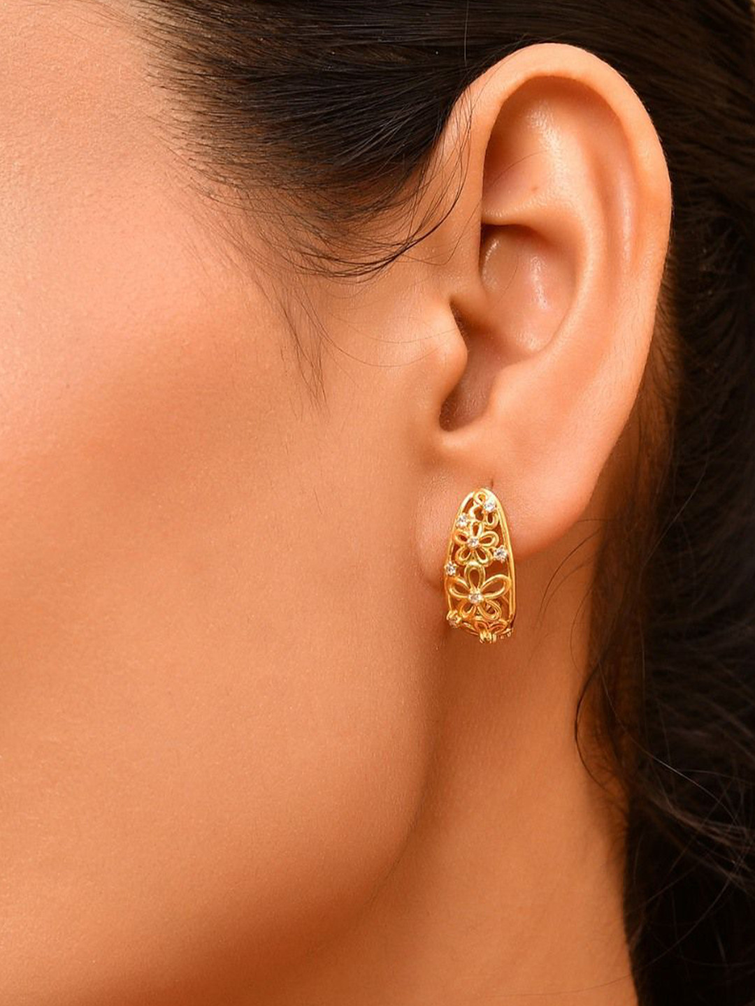 ROOVI Sterling Silver Gold-Plated Stones Studded Contemporary Half Hoop Earrings