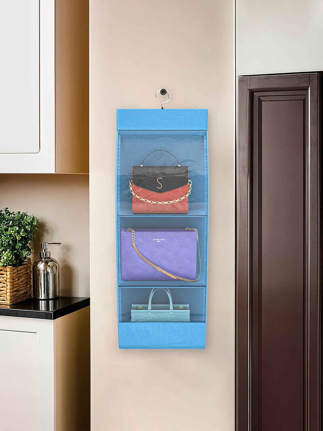 Kuber Industries Blue Transparent Non-Woven Hanging Purse Magazine Organiser