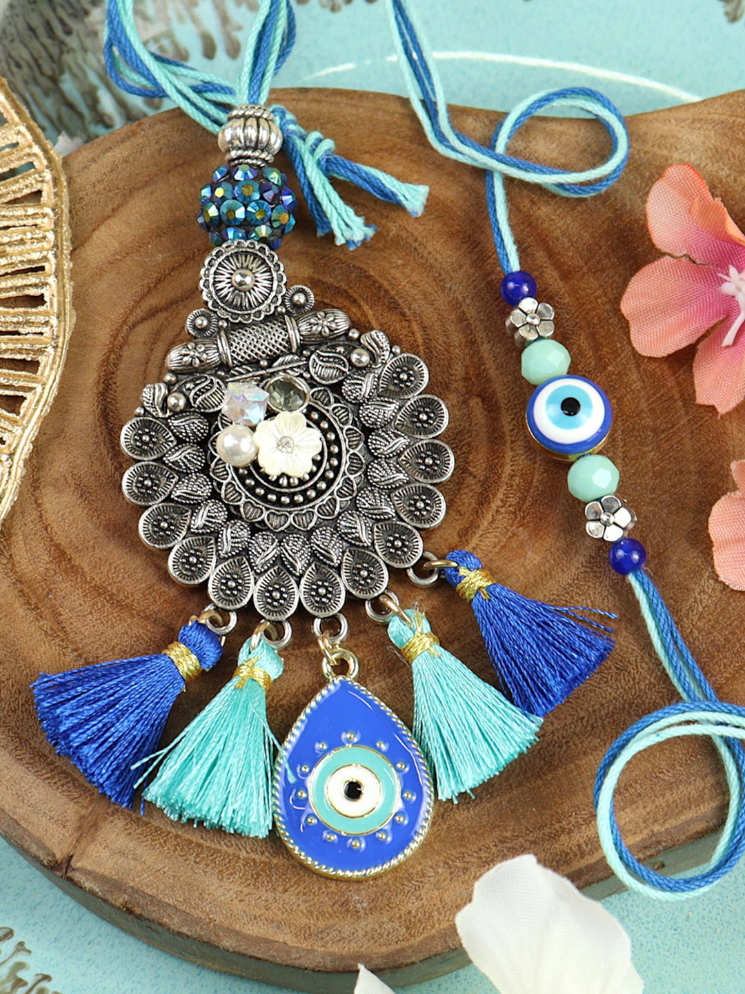 Asthetika Evil Eye Oxidized Pendant Bhaiya Bhabhi Rakhi Pair with Roli Chawal