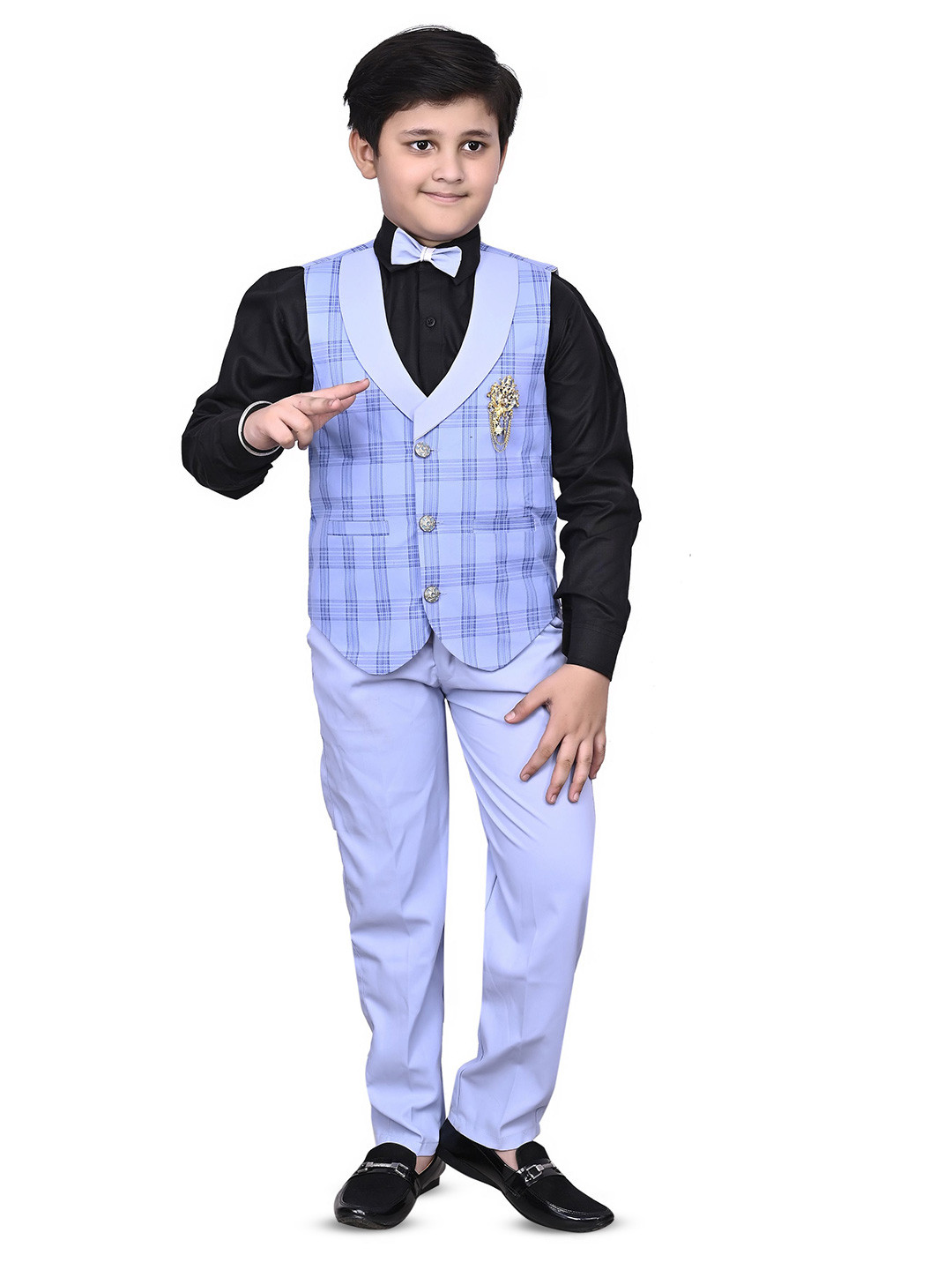 VALUE CREATION Boys Checked V-Neck Single-Breasted Three-Piece Suit