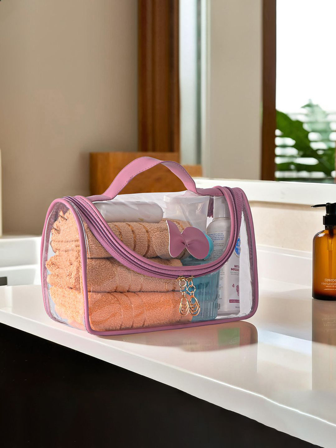 Kuber Industries Pink PVC Waterproof Toiletry Kit Organizer for Women with Handle