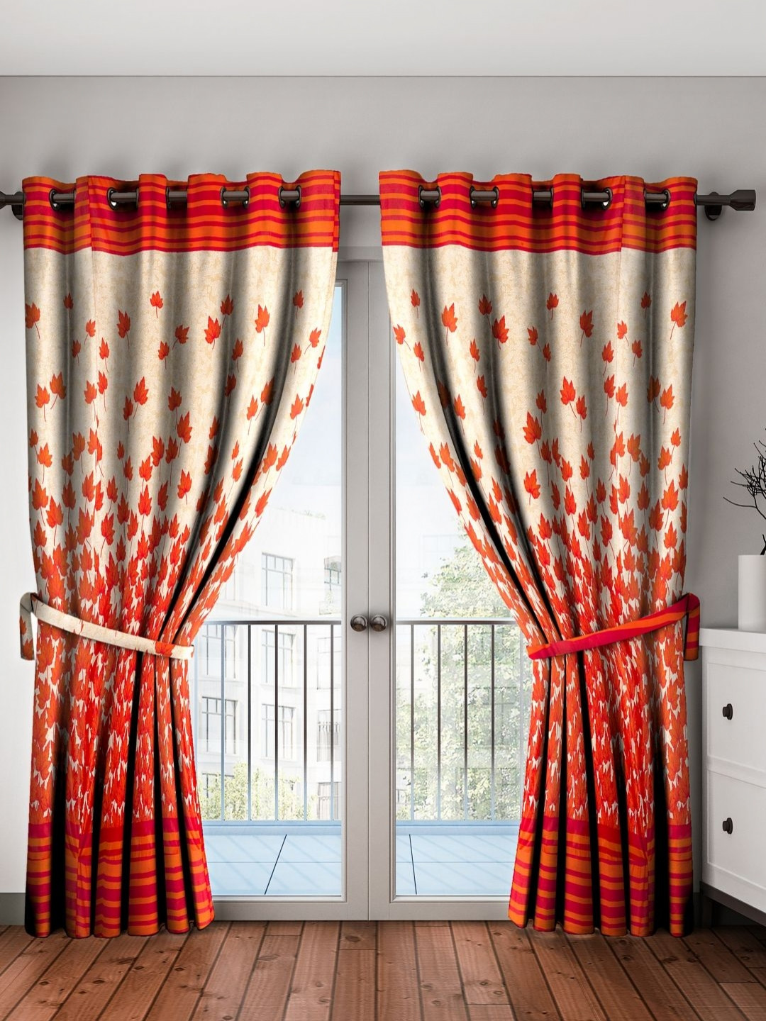Aura Mapple Rust & Cream-Coloured 2 Pieces Floral Printed Door Curtains