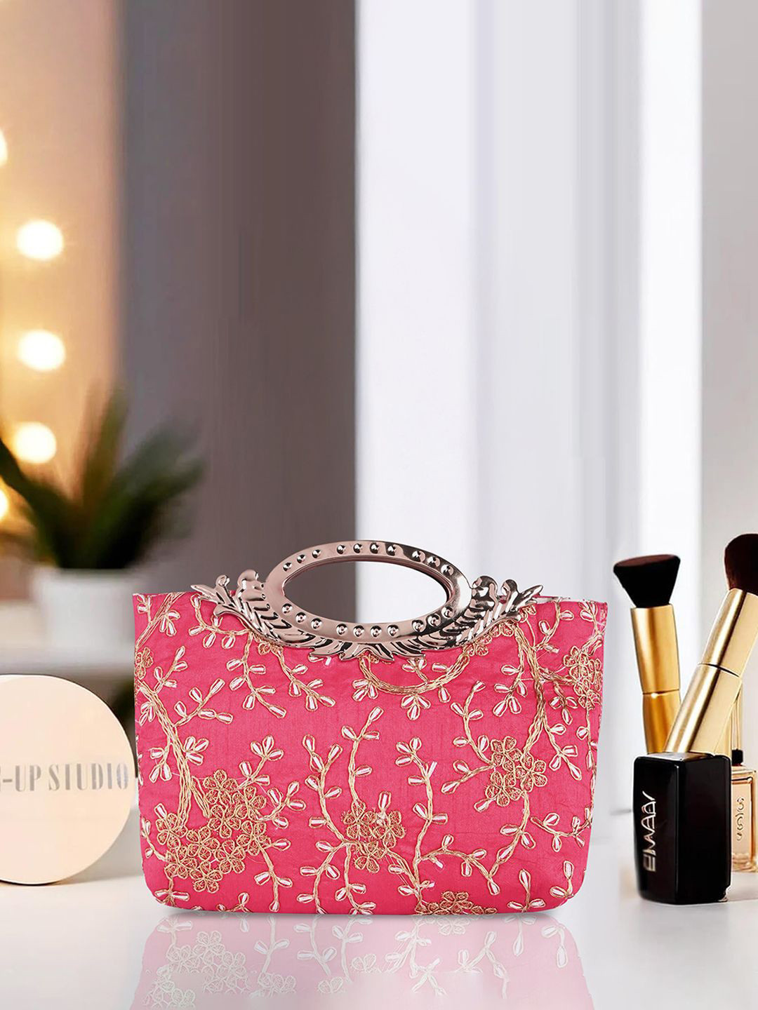 Kuber Industries Pink Polyester Floral Embroidered Hand Purse Clutch