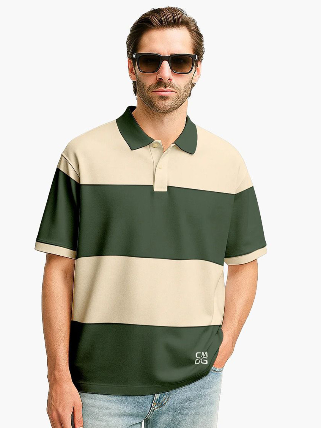 Crazymonk Oversized Urban Grove Colourblocked Polo Collar Cotton T-Shirt