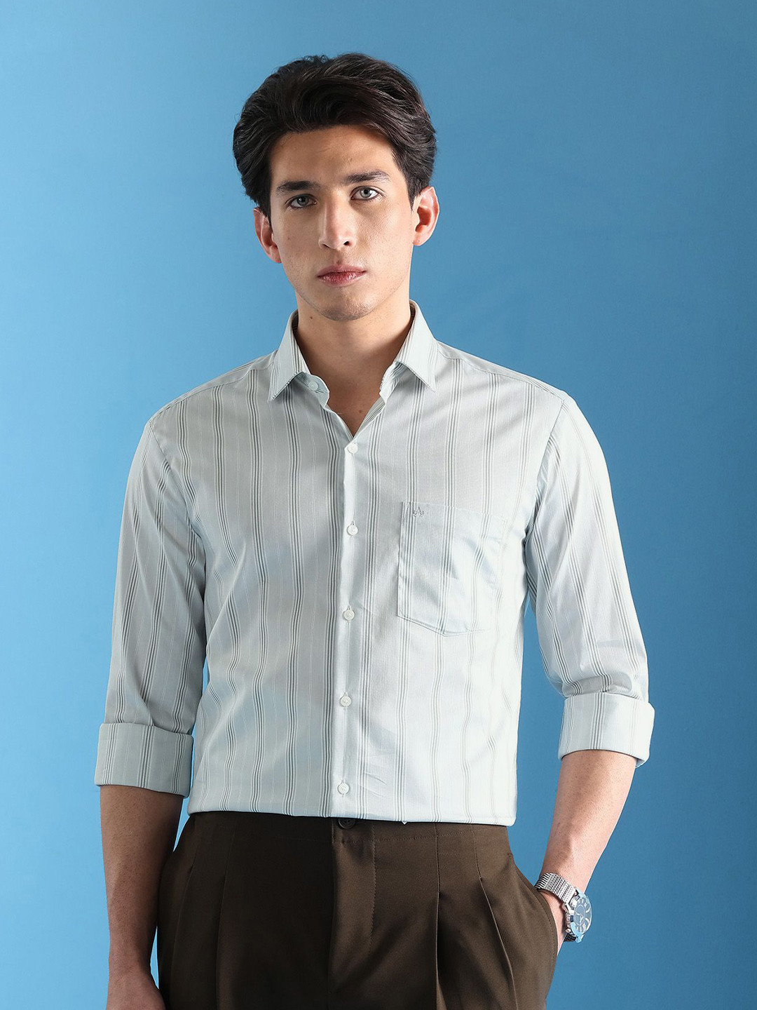 Arrow Velocity Slim Fit Vertical Striped Twill Weave Formal Shirt