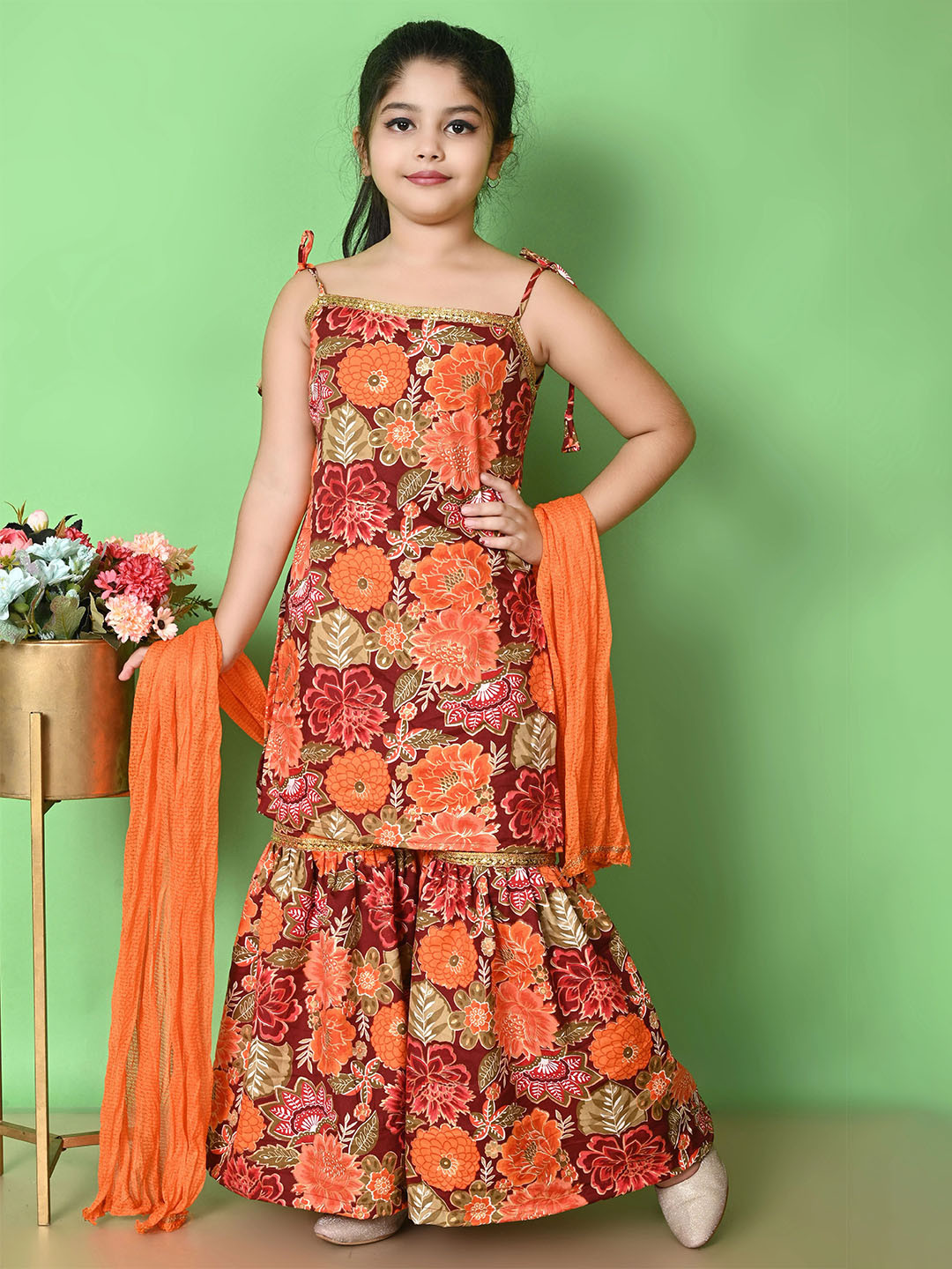 SPAMitude Girls Floral Printed Shoulder Strap Tunic With Palazzos