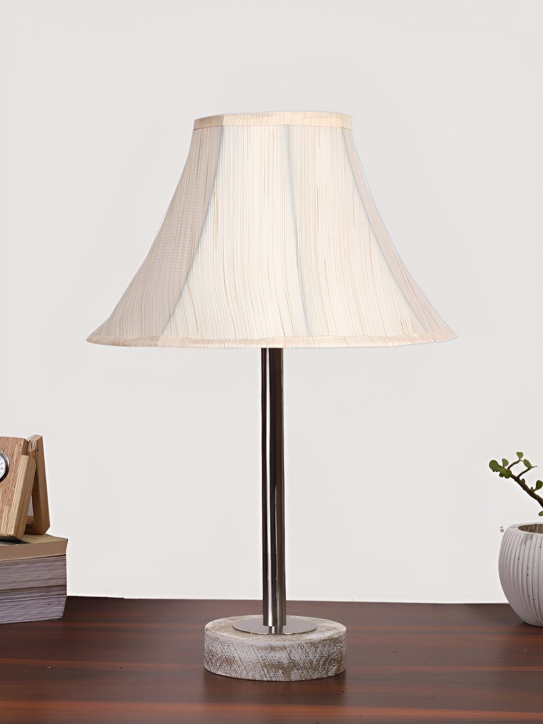 Aura Off White & Copper Toned Traditional Bell Shaped Cotton Shade Wooden Table Lamp