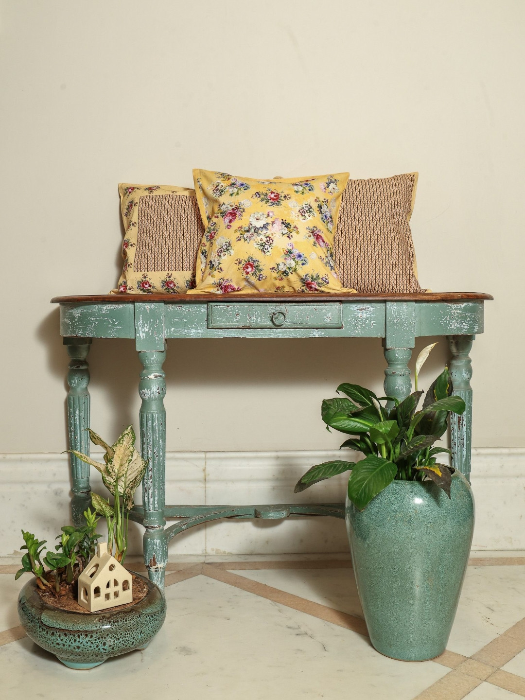 Sangria  Vintage Garden Yellow 3 Pieces Printed Cotton Square Cushion Covers